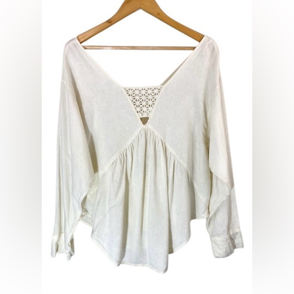FREE PEOPLE Boho Linen Just Cruisin Pullover Blouse V-Neck in Ivory Size XS - Picture 4 of 13